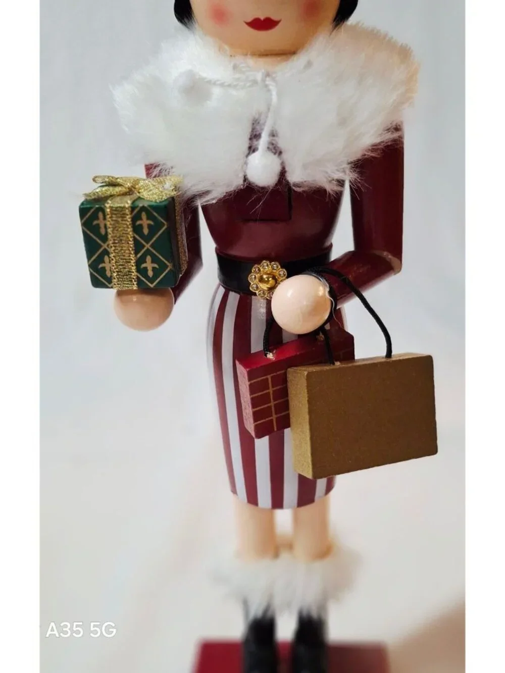 Festive Nutcracker Figurine Woman Holding Gift Bags Fur Accents 12
